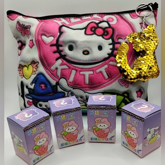 Hello Kitty Handbags - Hello Kitty Pouch&Sequin Keychain & 4 Hello Kitty&Friends Charms 9"L×7"H BNWOT